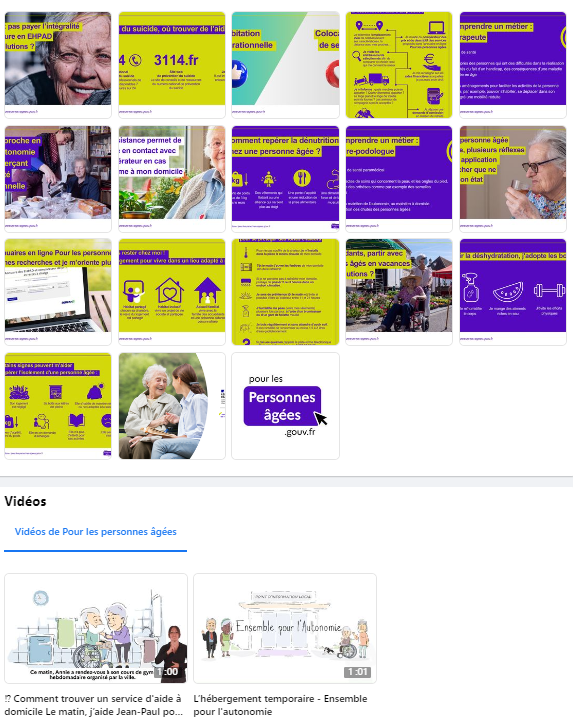 Photo présentant des visuels de posts Facebook et de vidéos publiés sur la page Facebook