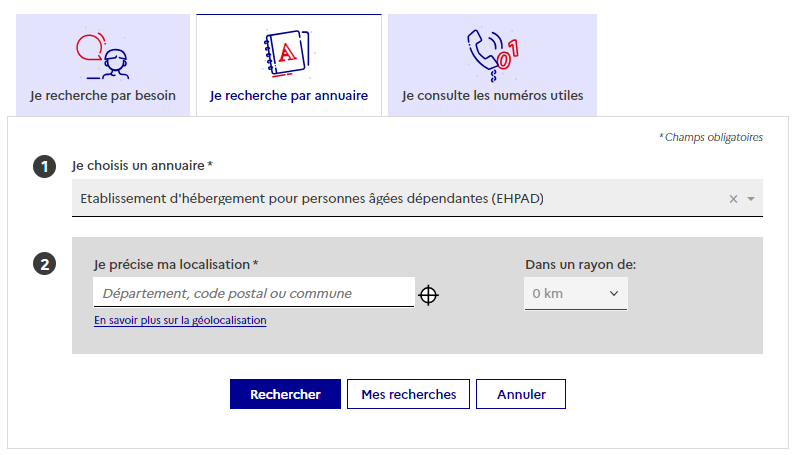 Image illustrative du formulaire de recherche d'un EHPAD dans l'annuaire EHPAD