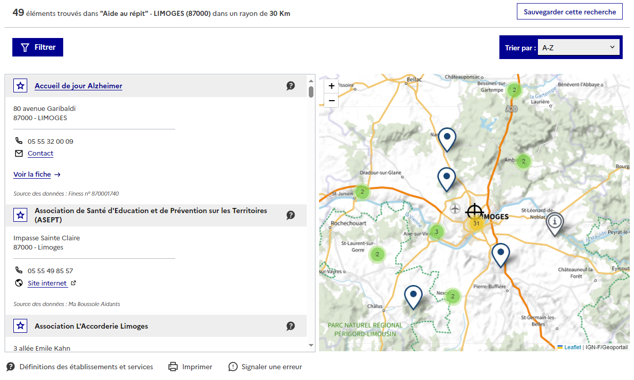 Exemple de pages de résultats de recherche dans l'espace annuaire dans laquelle apparaît les coordonnées des structures et une carte. 