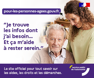 Photo présentant un homme âgé et une aidante, avec le message « Je trouve les infos dont j’ai besoin… Et ça m’aide à rester serein. », l’adresse internet du site pour-les-personnes-agees.gouv.fr : le site officiel pour tout savoir sur les aides, les droits et les démarches. Le logo Service public de l’autonomie apparaît aussi sur cette photo.