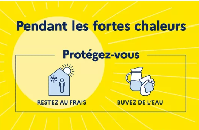 Visuel avec le texte suivant : pendant les fortes chaleurs, protégez-vous, restez au frais, buvez de l'eau.