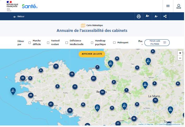 Carte de l'annuaire de l'accessibilité des cabinets médicaux et paramédicaux