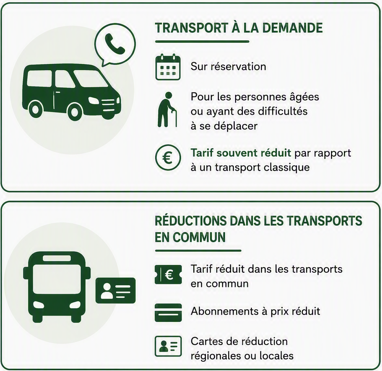 Infographie sur les aides des communes, des CCAS et des départements pour les transports des personnes âgées Infographie sur des dispositifs d’aide à la mobilité pour les personnes âgées. Un pictogramme de véhicule illustre le transport à la demande avec la mention : réservation préalable, service destiné aux personnes âgées ou ayant des difficultés à se déplacer, et tarif souvent réduit par rapport à un transport classique. Un pictogramme de bus et de carte de transport illustre les réductions dans les transports en commun : tarifs et abonnement à prix réduits dans les transports en commun, cartes de réduction
