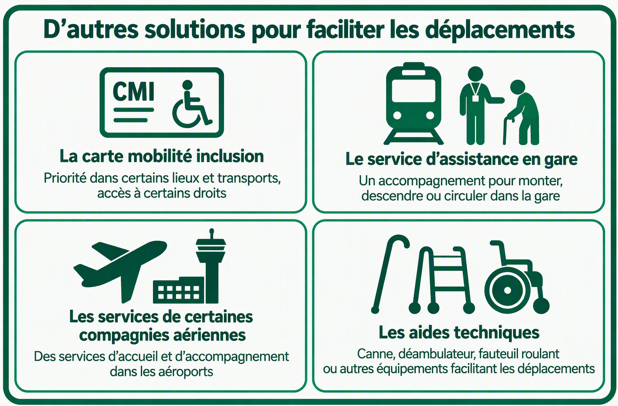D'autres solutions pour faciliter les déplacements des personnes âgées Infographie intitulée « D’autres solutions pour faciliter les déplacements ». Quatre solutions sont présentées avec des pictogrammes : la carte mobilité inclusion, le service d’assistance en gare, les services d’accueil et d’accompagnement dans les aéroports et les aides techniques à la mobilité (canne, déambulateur, fauteuil roulant).