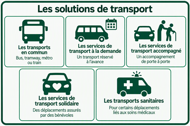 Des solutions de transport pour les personnes âgées Infographie intitulée « Les solutions de transport ». Cinq solutions de déplacement sont présentées dans des vignettes illustrées par des pictogrammes : les transports en commun (bus, tramway, métro ou train), les services de transport à la demande (transport réservé à l’avance), les services de transport accompagné (accompagnement de porte à porte), les services de transport solidaire (déplacements assurés par des bénévoles) et les transports sanitaires (pour certains déplacements liés aux soins médicaux).