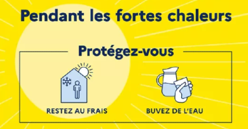 Visuel avec le texte suivant : pendant les fortes chaleurs, protégez-vous, restez au frais, buvez de l'eau.